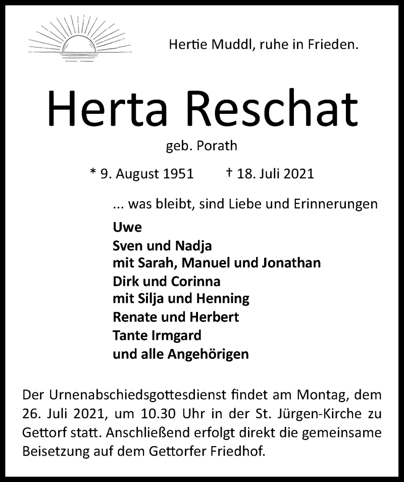  Traueranzeige für Herta Reschat vom 23.07.2021 aus Kieler Nachrichten