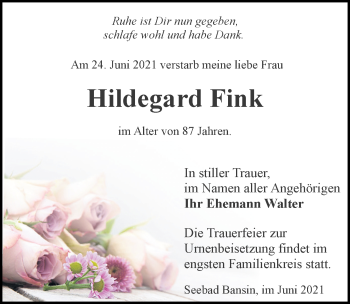 Traueranzeige von Hildegard Fink von Ostsee-Zeitung GmbH