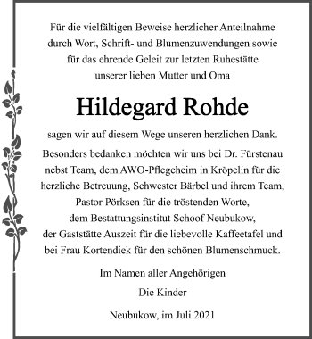 Traueranzeige von Hildegard Rohde von Ostsee-Zeitung GmbH