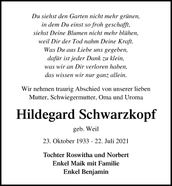 Traueranzeige von Hildegard Schwarzkopf von Ostsee-Zeitung GmbH