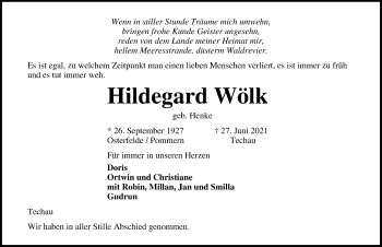Traueranzeige von Hildegard Wölk von Lübecker Nachrichten