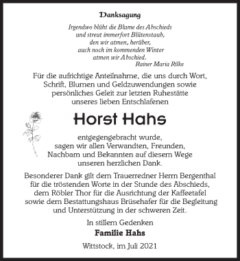 Traueranzeige von Horst Hahs von Märkischen Allgemeine Zeitung