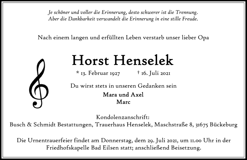  Traueranzeige für Horst Henselek vom 24.07.2021 aus Schaumburger Nachrichten