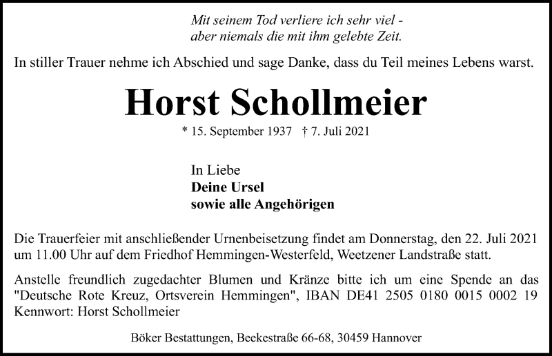  Traueranzeige für Horst Schollmeier vom 17.07.2021 aus Hannoversche Allgemeine Zeitung/Neue Presse