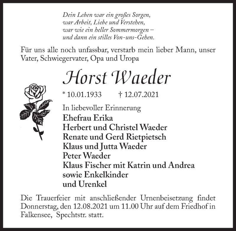  Traueranzeige für Horst Waeder vom 17.07.2021 aus Märkischen Allgemeine Zeitung