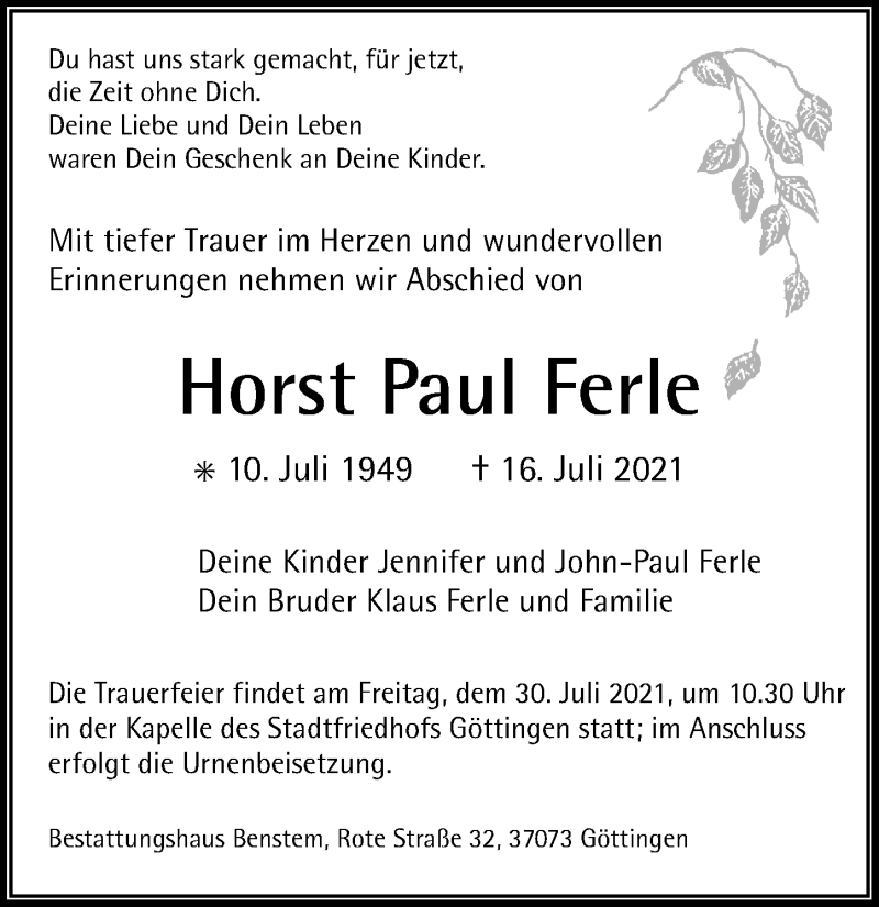  Traueranzeige für Horst Paul Ferle vom 24.07.2021 aus Göttinger Tageblatt