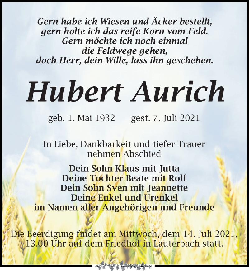  Traueranzeige für Hubert Aurich vom 10.07.2021 aus Leipziger Volkszeitung