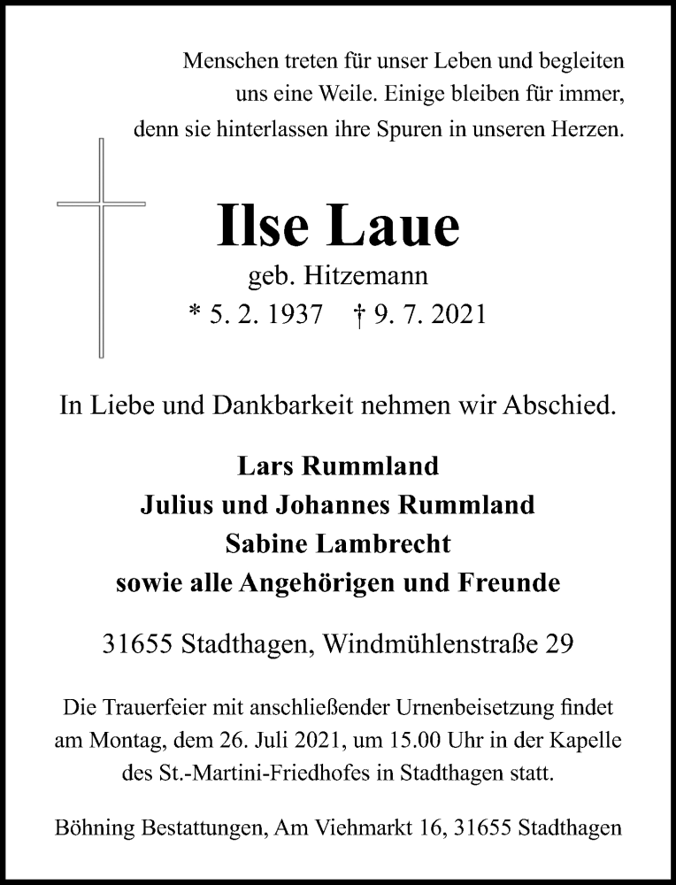  Traueranzeige für Ilse Laue vom 17.07.2021 aus Schaumburger Nachrichten