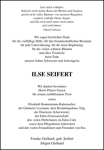 Traueranzeige von Ilse Seifert von Märkischen Allgemeine Zeitung