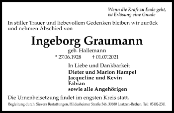 Traueranzeige von Ingeborg Graumann von Hannoversche Allgemeine Zeitung/Neue Presse
