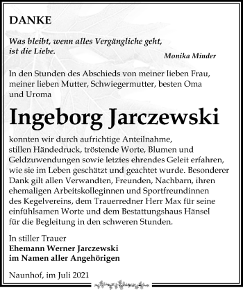 Traueranzeige von Ingeborg Jarczewski von Leipziger Volkszeitung