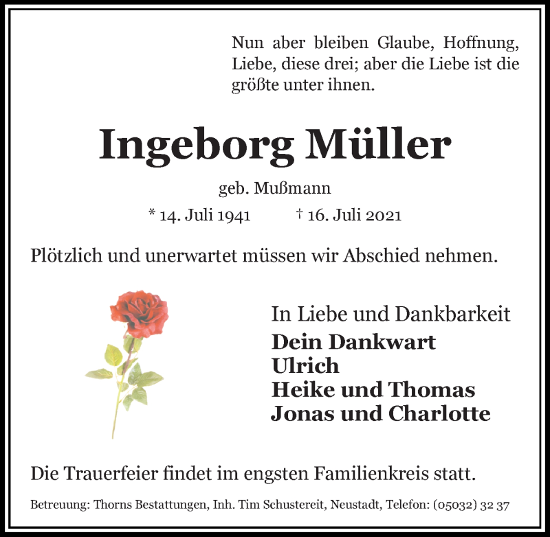  Traueranzeige für Ingeborg Müller vom 22.07.2021 aus Hannoversche Allgemeine Zeitung/Neue Presse
