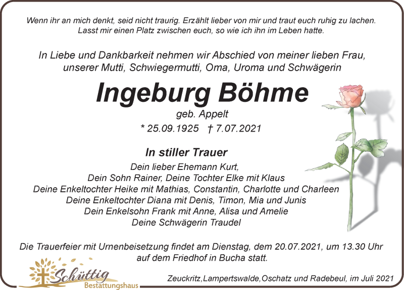  Traueranzeige für Ingeburg Böhme vom 10.07.2021 aus Leipziger Volkszeitung