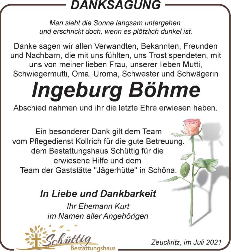  Traueranzeige für Ingeburg Böhme vom 31.07.2021 aus Leipziger Volkszeitung