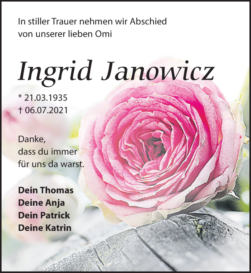  Traueranzeige für Ingrid Janowicz vom 31.07.2021 aus Leipziger Volkszeitung