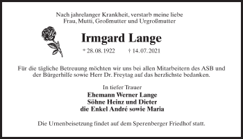 Traueranzeige von Irmgard Lange von Märkischen Allgemeine Zeitung