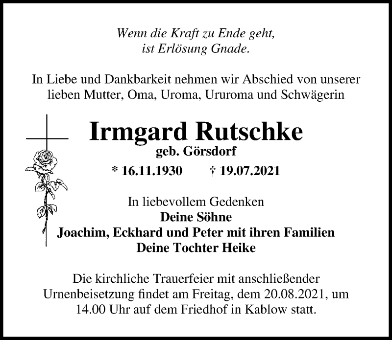  Traueranzeige für Irmgard Rutschke vom 31.07.2021 aus Märkischen Allgemeine Zeitung