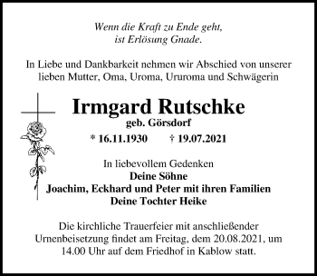 Traueranzeige von Irmgard Rutschke