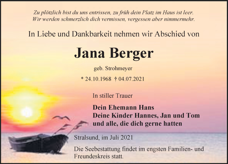  Traueranzeige für Jana Berger vom 10.07.2021 aus Ostsee-Zeitung GmbH