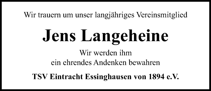  Traueranzeige für Jens Langeheine vom 24.07.2021 aus Peiner Allgemeine Zeitung