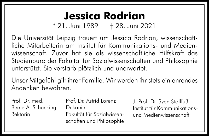  Traueranzeige für Jessica Rodrian vom 10.07.2021 aus Leipziger Volkszeitung