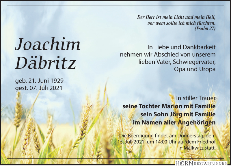 Traueranzeige für Joachim Däbritz vom 10.07.2021 aus Leipziger Volkszeitung