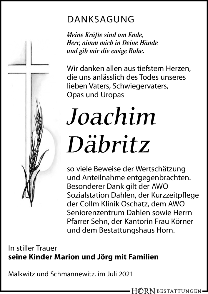  Traueranzeige für Joachim Däbritz vom 31.07.2021 aus Leipziger Volkszeitung
