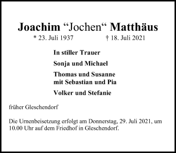 Traueranzeige von Joachim Matthäus von Lübecker Nachrichten