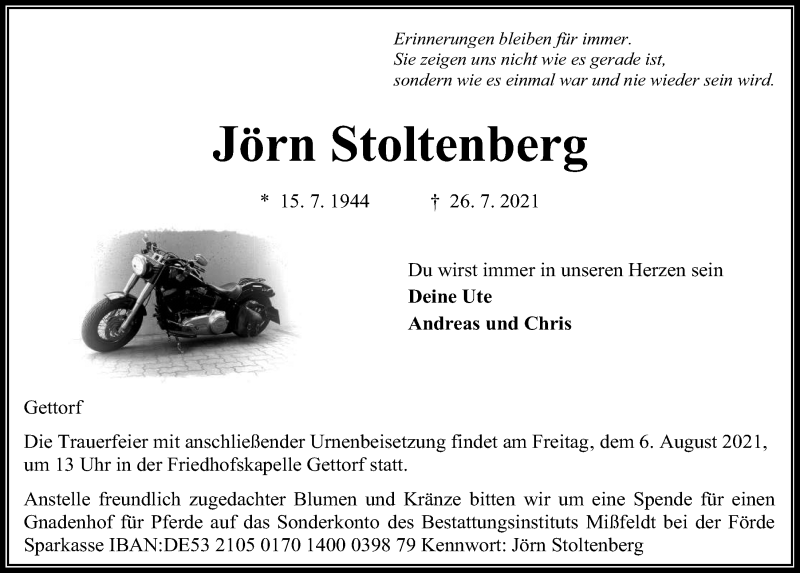  Traueranzeige für Jörn Stoltenberg vom 31.07.2021 aus Kieler Nachrichten