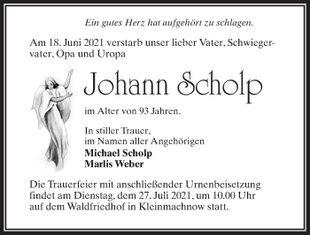 Traueranzeige von Johann Scholp von Märkischen Allgemeine Zeitung