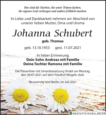 Traueranzeige von Johanna Schubert von Leipziger Volkszeitung