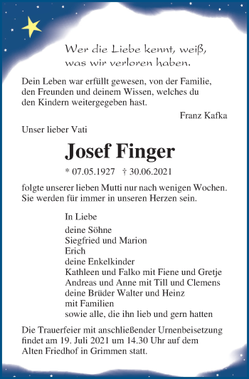 Traueranzeige von Josef Finger von Ostsee-Zeitung GmbH