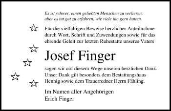 Traueranzeige von Josef Finger von Ostsee-Zeitung GmbH