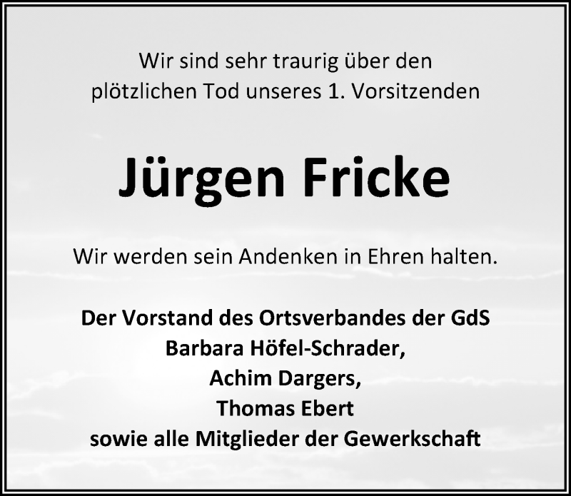  Traueranzeige für Jürgen Fricke vom 16.07.2021 aus Aller Zeitung