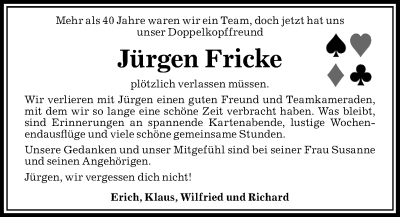  Traueranzeige für Jürgen Fricke vom 15.07.2021 aus Aller Zeitung