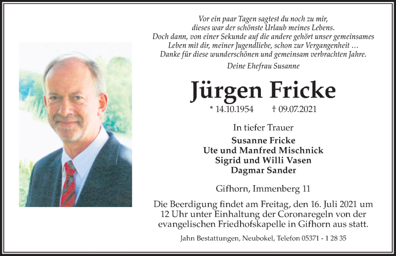  Traueranzeige für Jürgen Fricke vom 14.07.2021 aus Aller Zeitung