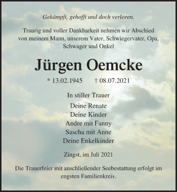 Traueranzeige von Jürgen Oemcke von Ostsee-Zeitung GmbH