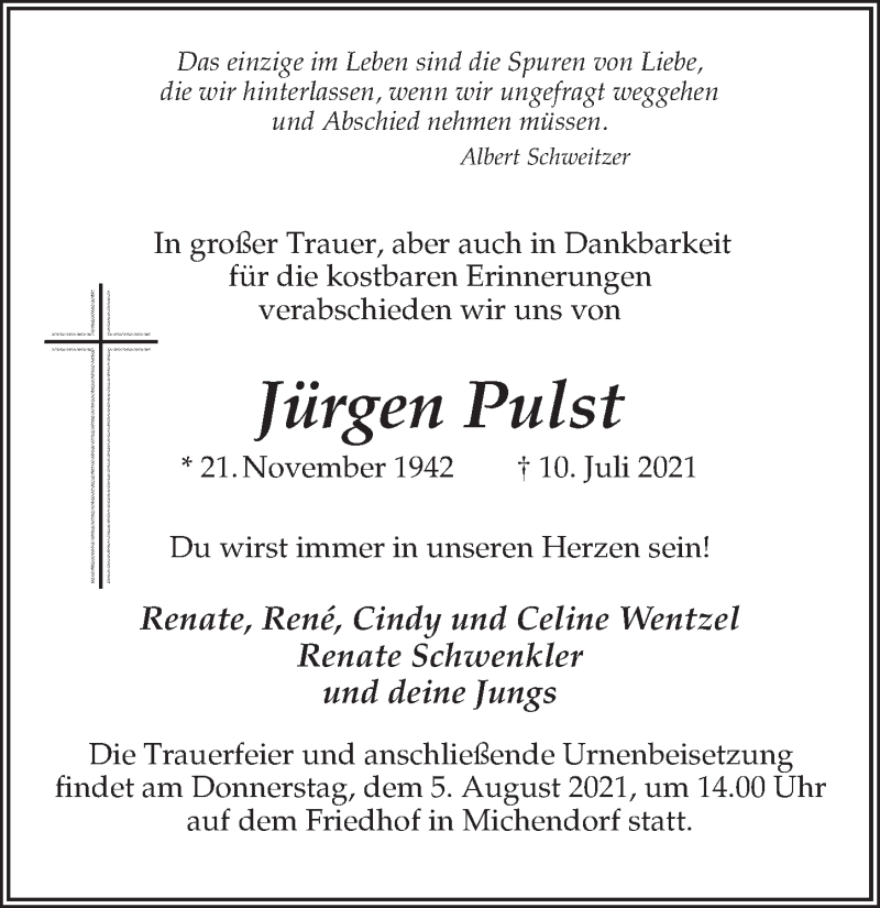  Traueranzeige für Jürgen Pulst vom 17.07.2021 aus Märkischen Allgemeine Zeitung