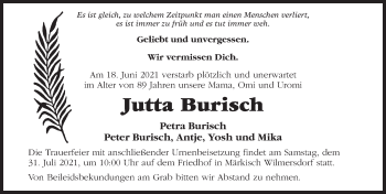 Traueranzeige von Jutta Burisch von Märkischen Allgemeine Zeitung