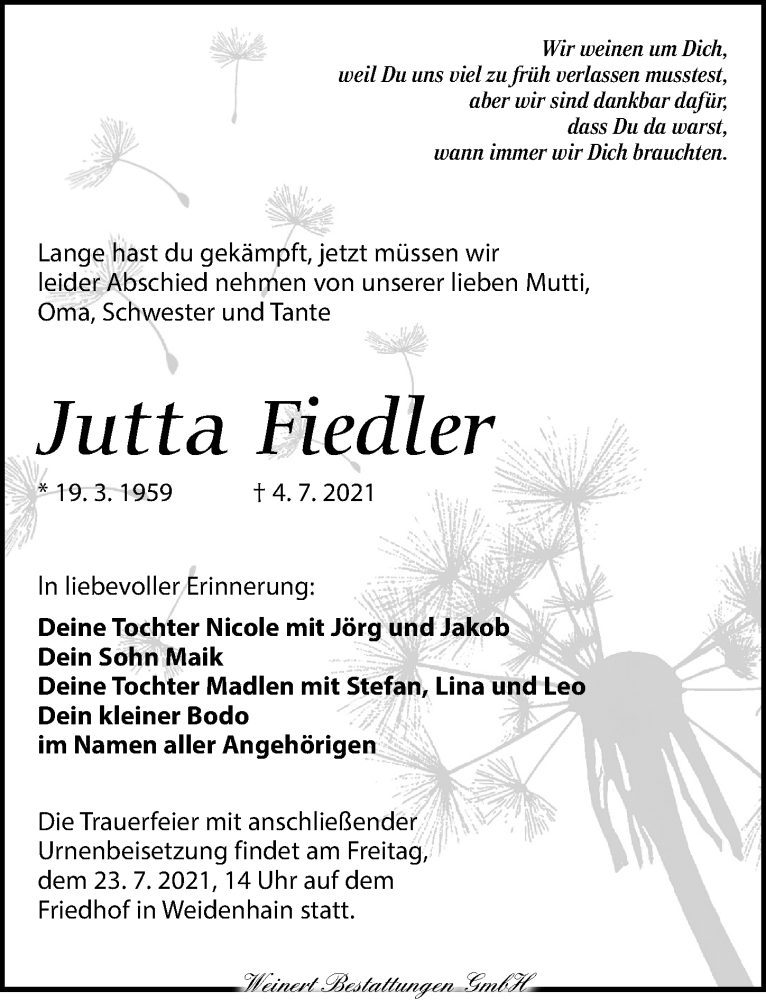  Traueranzeige für Jutta Fiedler vom 17.07.2021 aus Torgauer Zeitung