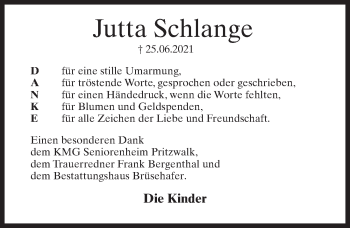 Traueranzeige von Jutta Schlange von Märkischen Allgemeine Zeitung