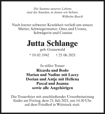 Traueranzeige von Jutta Schlange von Märkischen Allgemeine Zeitung