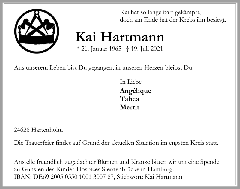  Traueranzeige für Kai Hartmann vom 24.07.2021 aus Kieler Nachrichten
