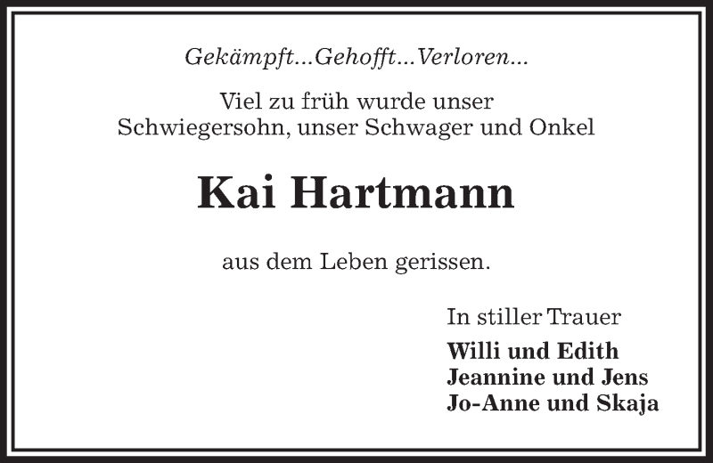  Traueranzeige für Kai Hartmann vom 24.07.2021 aus Kieler Nachrichten
