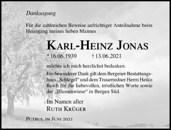Traueranzeige von Karl-Heinz Jonas von Ostsee-Zeitung GmbH