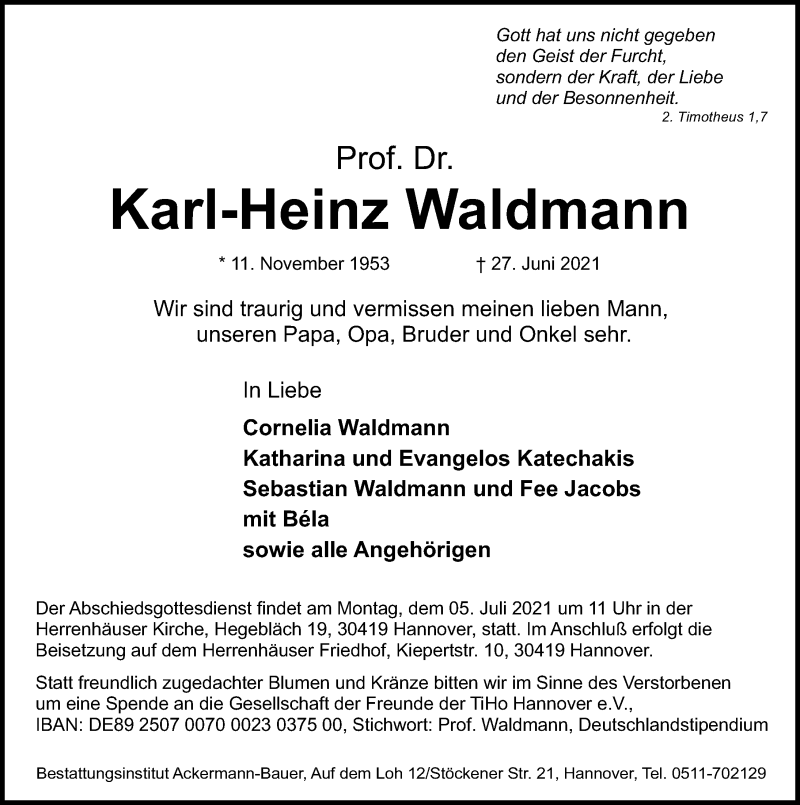  Traueranzeige für Karl-Heinz Waldmann vom 03.07.2021 aus Hannoversche Allgemeine Zeitung/Neue Presse