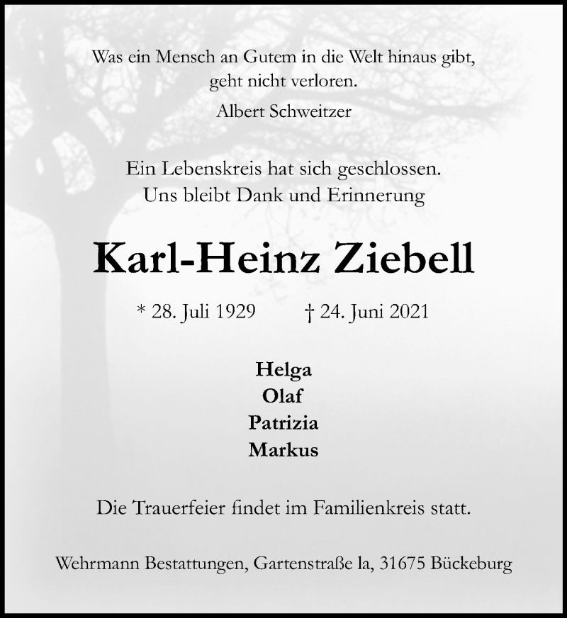  Traueranzeige für Karl-Heinz Ziebell vom 03.07.2021 aus Schaumburger Nachrichten