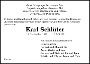 Traueranzeige von Karl Schlüter von Kieler Nachrichten