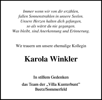 Traueranzeige von Karola Winkler von Märkischen Allgemeine Zeitung