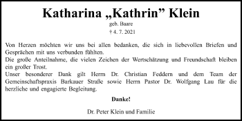 Traueranzeige von Katharina Klein von Kieler Nachrichten